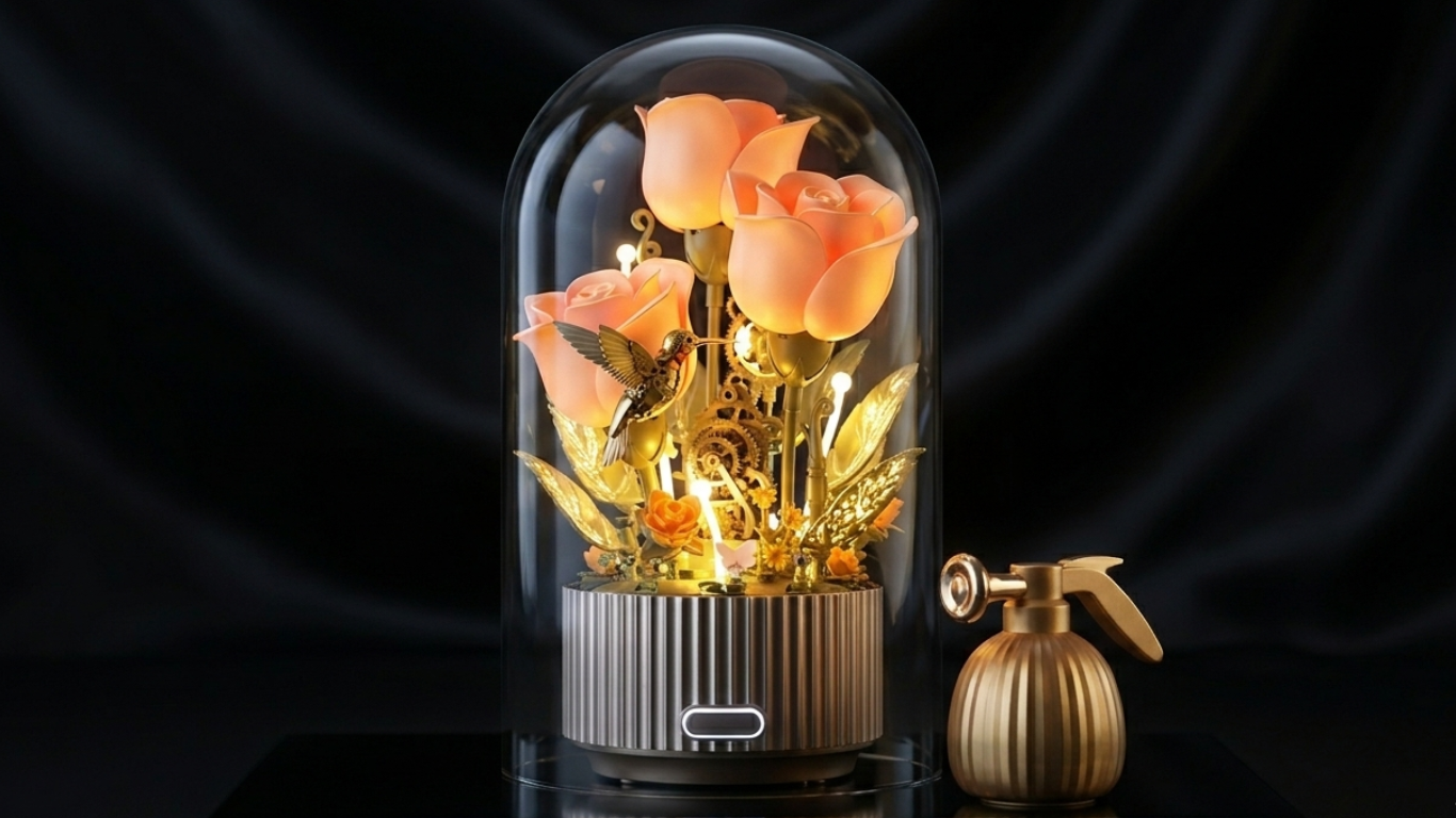 Decorative glass dome with pink roses and gold accents on a black background